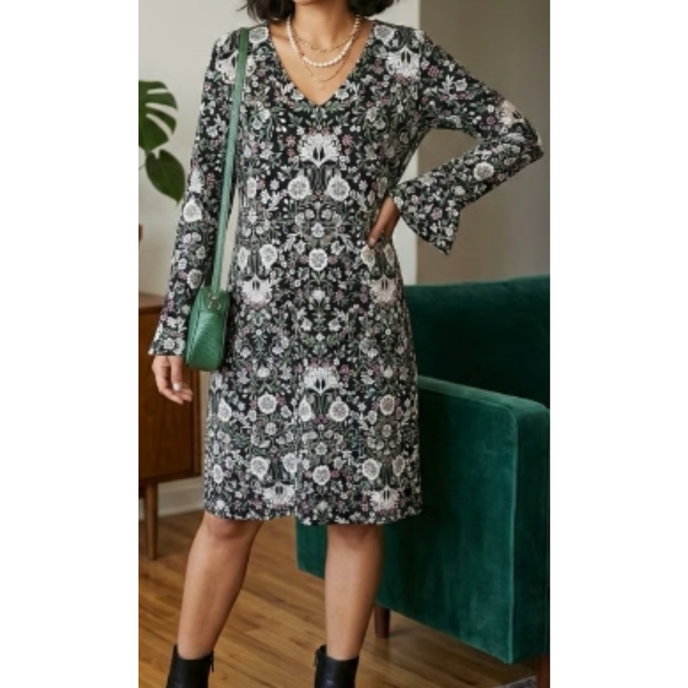 J Jill Wearever black floral stretch knit dress Size Med Travel Boho Garden